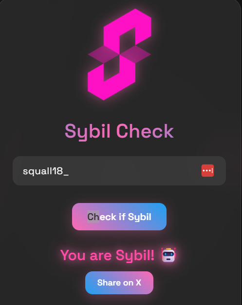 squall18_'s tweet photo. Just checked my Sybil status:
You are Sybil! 💀
Check yours at https://t.co/pCGDqveCCr
@SuccinctLabs #SybilCheck https://t.co/V20x5NpXzH