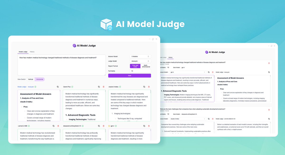 302aiofficial's tweet photo. ✨NEW Opensource : AI Model Judge
allows you to test multiple models at once, quickly obtain comprehensive evaluation results, and select the model that best suits your needs.
Github:https://t.co/cWfBwQHUNn
try it now at https://t.co/yVs6eNdxrB
#OpenSource #tool #AI #302AI