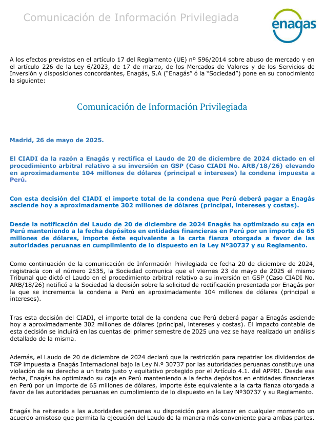 DividendosValor's tweet photo. La situación de @enagas con el laudo de Perú mejora, +104 M$ que se acabarán pasando por caja, lo que representa casi 0.4$/acción. 

Ésta caja podría venir muy bién para aumentar participación en tubos europeos o para el pote de las galletas del hidrógeno. 

Reacción del mercado? https://t.co/c8acnASR7C