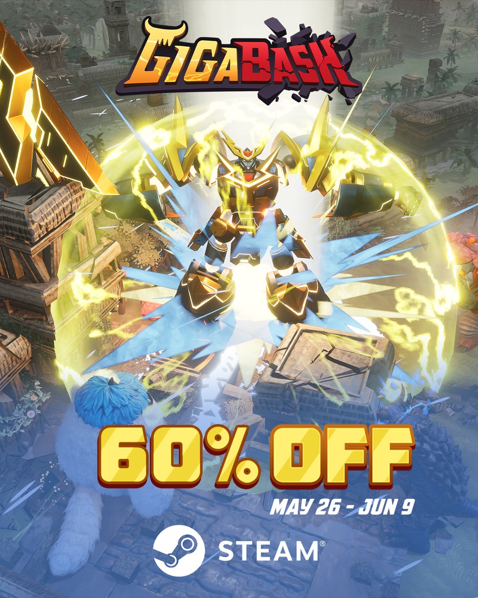 GigaBashGame's tweet photo. This is NOT a drill! 🛑
#GigaBash is 60% OFF and #MightyDLC is 20% OFF on STEAM! Perfect time to grab them before MechaJURAS drills into the arena for FREE! 

#PassionRepublicGames #steamsales