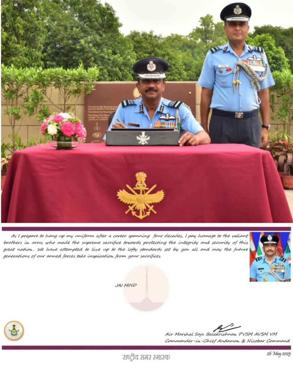 salute2soldier's tweet photo. Affirming the iconic significance  of #NationalWarMemorial as a symbol of #valour, #courage &amp; selfless duty, Air Mshl Saju Balakrishnan, PVSM, AVSM, VM, Cdr in Chief Andaman &amp; Nicobar Command paid homage to #fallen #soldiers of #IndianArmedForces on his superannuation. https://t.co/0KODj36xln