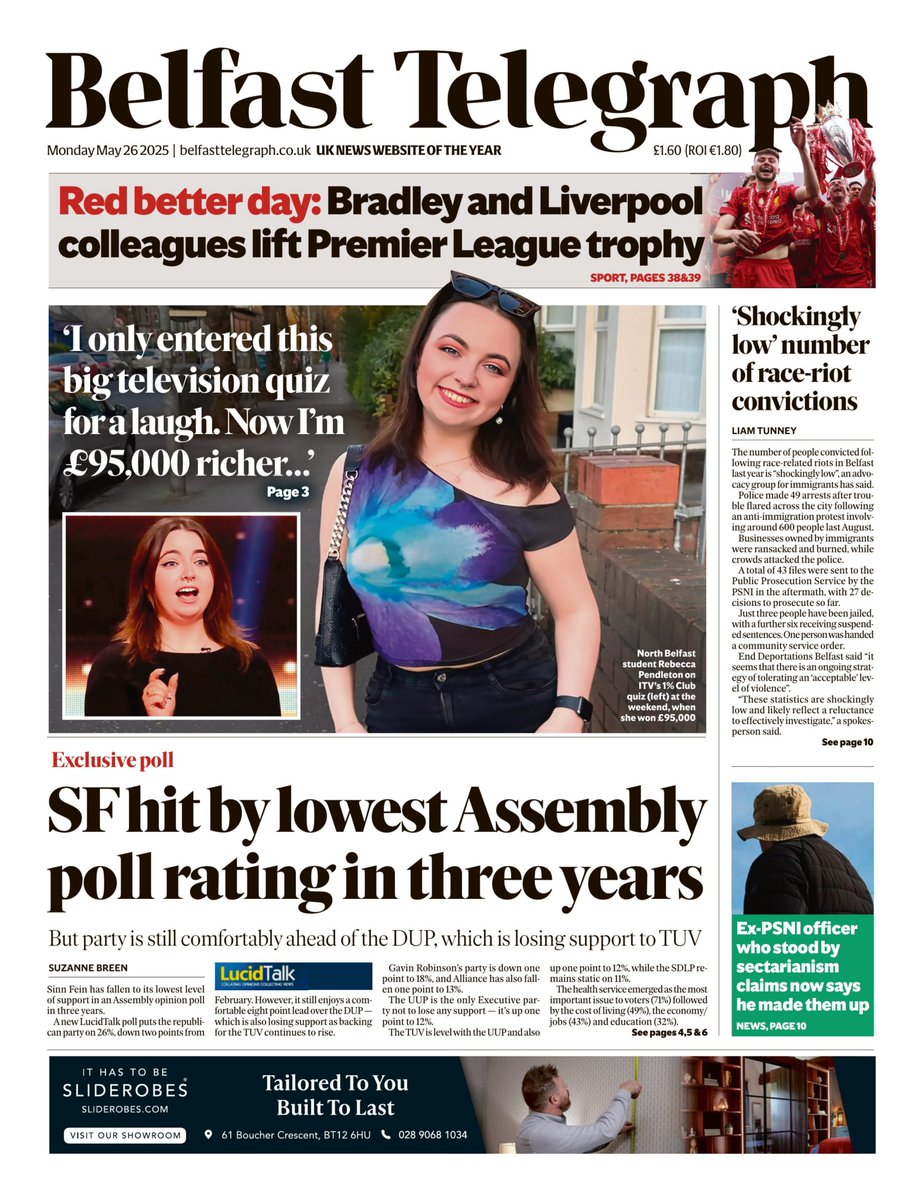 Morning, readers.

Here is the front page of the Belfast Telegraph. tinyurl.com/y6t3nkhx

Stay with us for all your breaking news.