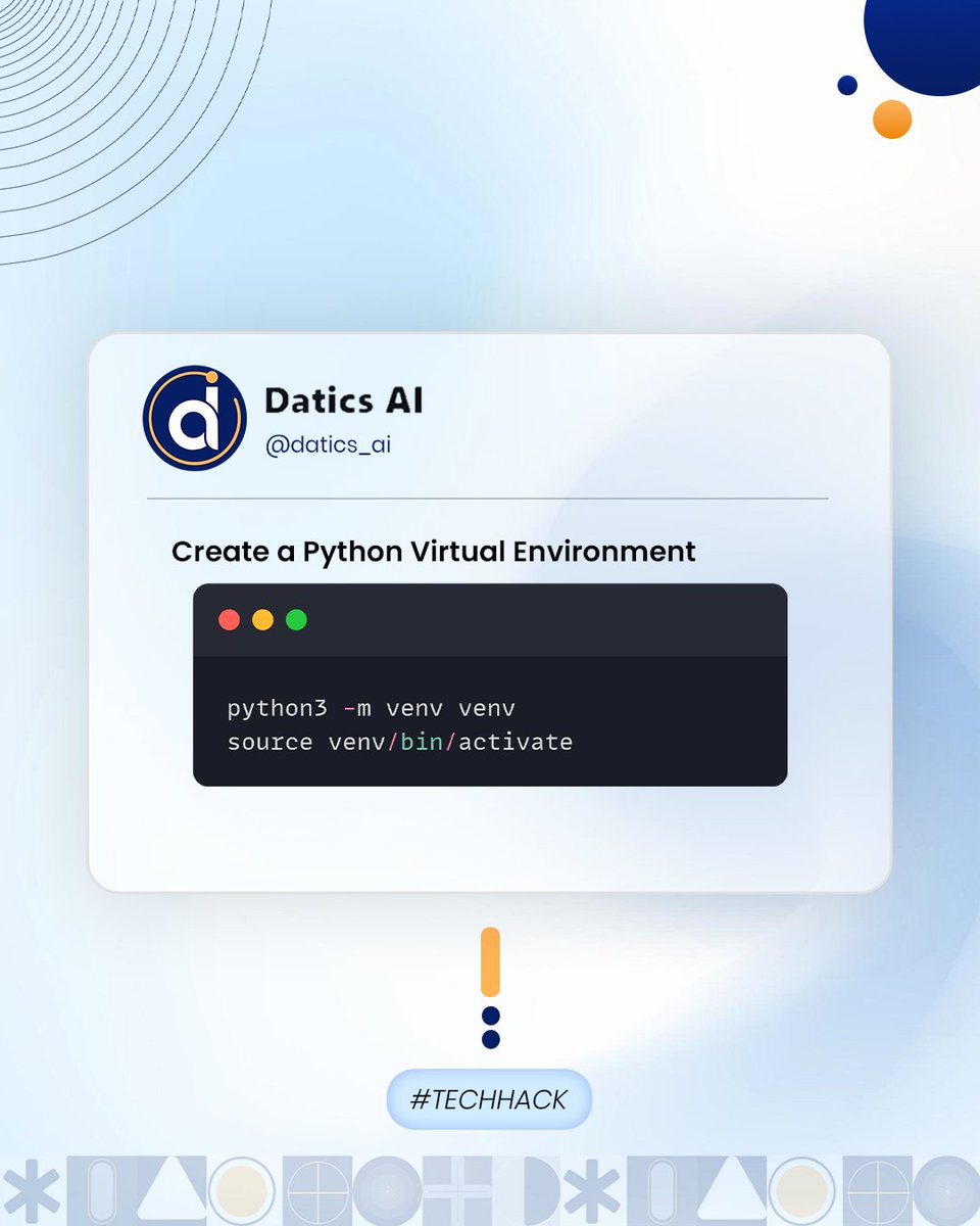 datics_ai's tweet image. Keep your dependencies isolated and clean. Use virtual environments for every project. 📦🐍
#PythonTips #DevSetup #daticsai #lifeatdatics #techahck
