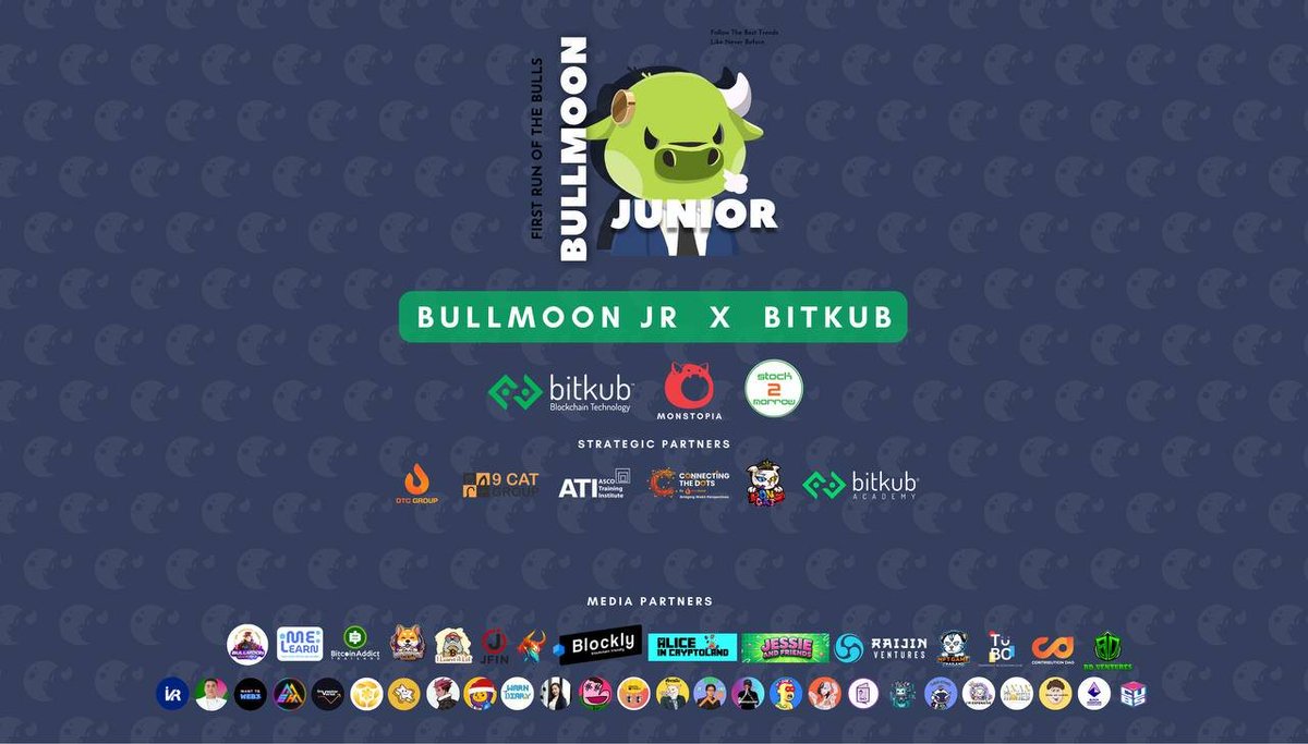 ventures_bd's tweet photo. 🔈🔈 BD Ventures is proud to be a Media Partner for BullMoon Jr.

✅#BullMoon Jr. Official Launch! A community for energetic new-generation individuals, ready to charge forward with opportunities, knowledge, and exclusive privileges like no other.

💥Bangkok, FYI Center Building (Zilla Space) – [27 May 2025] – BullMoon Jr. has officially launched as a platform and community for the "new generation of bulls"—young people who are eager to learn, grow, and explore various opportunities. This marks a significant collaboration between four leading organizations:
✔️@BitkubOfficial Blockchain Technology – Supporting BullMoon Jr. with blockchain technology and Web3 systems, connecting it to the digital future.
✔️Stock2morrow – A financial and investment learning platform offering exclusive content and special activities.
✔️Monstopia – The team behind BullMoon Jr.’s platform development and NFT character design, as well as this new community world.
✔️@DTCGroup_ – A full-spectrum Web3 incubator that nurtures, accelerates, and expands the next generation of Web3 ventures.

⭐️BullMoon Jr. is more than just a place for learning — it’s a testing ground for young minds, where knowledge, inspiration, and limitless connections come together.

📣BullMoon Jr.: First Run of the Bulls – The Launch Event You Shouldn’t Miss!
The special launch event “First Run of the Bulls” will bring everyone to experience the full energy of BullMoon Jr. through a variety of activities such as:
✔️Session Talks – From real experts in technology and finance
✔️Inspiring Community – A space for those who “never stop learning” and “never stop charging forward”

💡Who is BullMoon Jr. for?
✔️Students who want to develop skills beyond the classroom
✔️People who enjoy fun, creative, and passion-driven activities
✔️Those looking to connect with a community of high-energy individuals
✔️Anyone who doesn’t just want to learn, but is ready to charge ahead into new opportunities

🔗Follow for more updates: https://t.co/ahuDjPkAx7