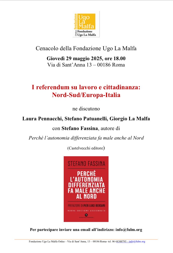 Stefano Fassina (@stefanofassina) on Twitter photo I referendum su lavoro e cittadinanza: 5 Sì spingono a fermare la svalutazione del lavoro, archiviare il mercantilismo e costruire una risposta keynesiana alla guerra dei dazi. Ne parliamo <a href="/FULM_UgoLaMalfa/">Fondazione Ugo La Malfa</a> con <a href="/SPatuanelli/">Stefano Patuanelli</a> Laura Pennacchi e <a href="/GiorgioLaMalfa/">Giorgio La Malfa</a> #referendum8e9giugno I referendum su lavoro e cittadinanza: 5 Sì spingono a fermare la svalutazione del lavoro, archiviare il mercantilismo e costruire una risposta keynesiana alla guerra dei dazi. Ne parliamo <a href="/FULM_UgoLaMalfa/">Fondazione Ugo La Malfa</a> con <a href="/SPatuanelli/">Stefano Patuanelli</a> Laura Pennacchi e <a href="/GiorgioLaMalfa/">Giorgio La Malfa</a> #referendum8e9giugno