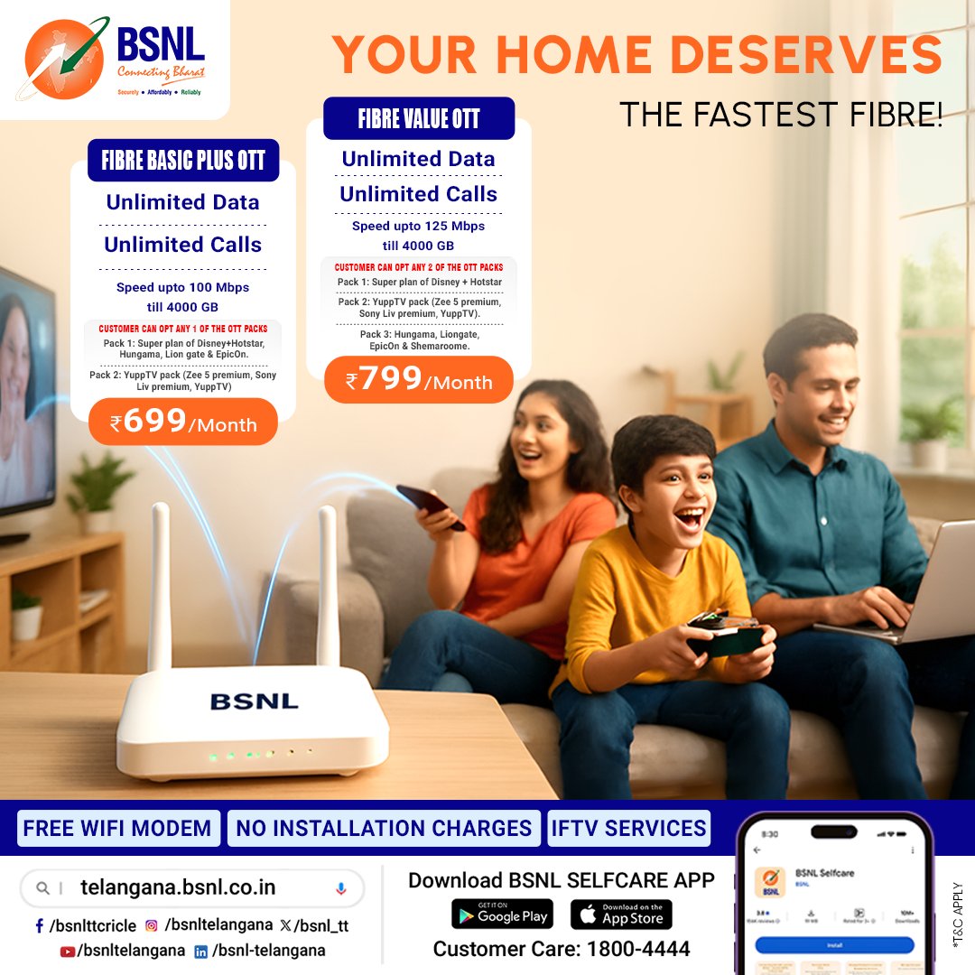 Upgrade your home with the fastest and most reliable internet connection from BSNL! With BSNL FTTH, enjoy blazing speeds, unlimited data and seamless streaming.

Call us: 1800-4444 
Visit:telangana.bsnl.co.in

#bsnlfibre #UnlimitedData #bsnltelangana #OTTPlans #BSNLFTTH