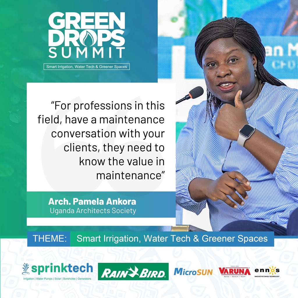 Sprinktech (@sprinktech) on Twitter photo Key takeaway from #GreenDropsSummit2025
“For professionals in this field, have a maintenance conversation with your clients,they need to understand the value in maintenance.”
– Arch. Pamela Ankora <a href="/UgArchSociety/">Uganda Society of Architects</a>
As we drive adoption of smart irrigation and green infrastructure, Key takeaway from #GreenDropsSummit2025
“For professionals in this field, have a maintenance conversation with your clients,they need to understand the value in maintenance.”
– Arch. Pamela Ankora <a href="/UgArchSociety/">Uganda Society of Architects</a>
As we drive adoption of smart irrigation and green infrastructure,