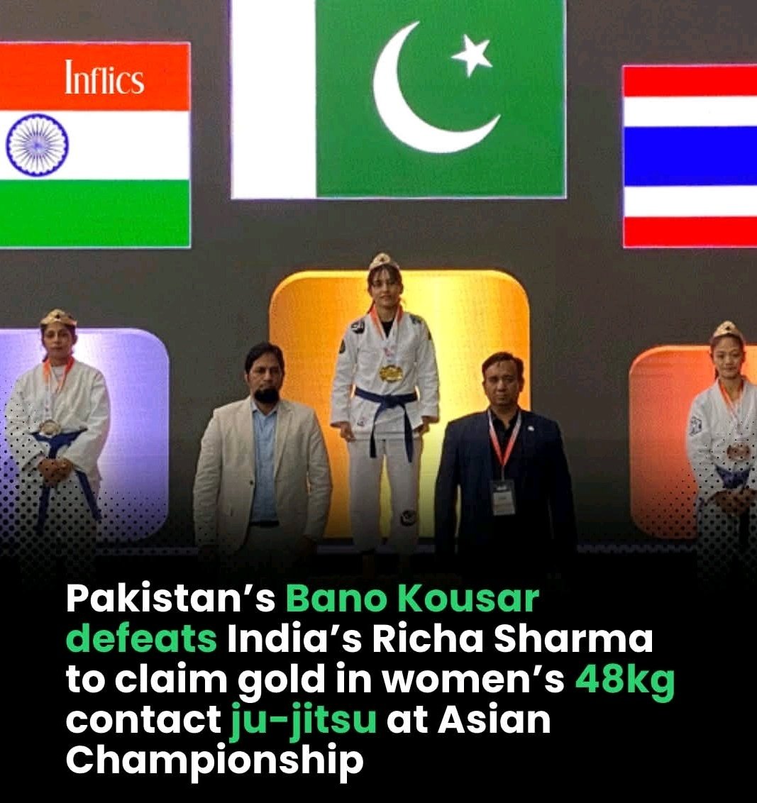 _Iam_HERO's tweet photo. Pakistan’s Bano Kousar defeated India’s Richa Sharma to claim gold in the women’s 48-kilogram contact ju-jitsu category at the Asian Ju-Jitsu Championship on Sunday, marking a standout performance for Pakistan in the tournament.
#Lahore #Pakistan https://t.co/sSgkhh22kp