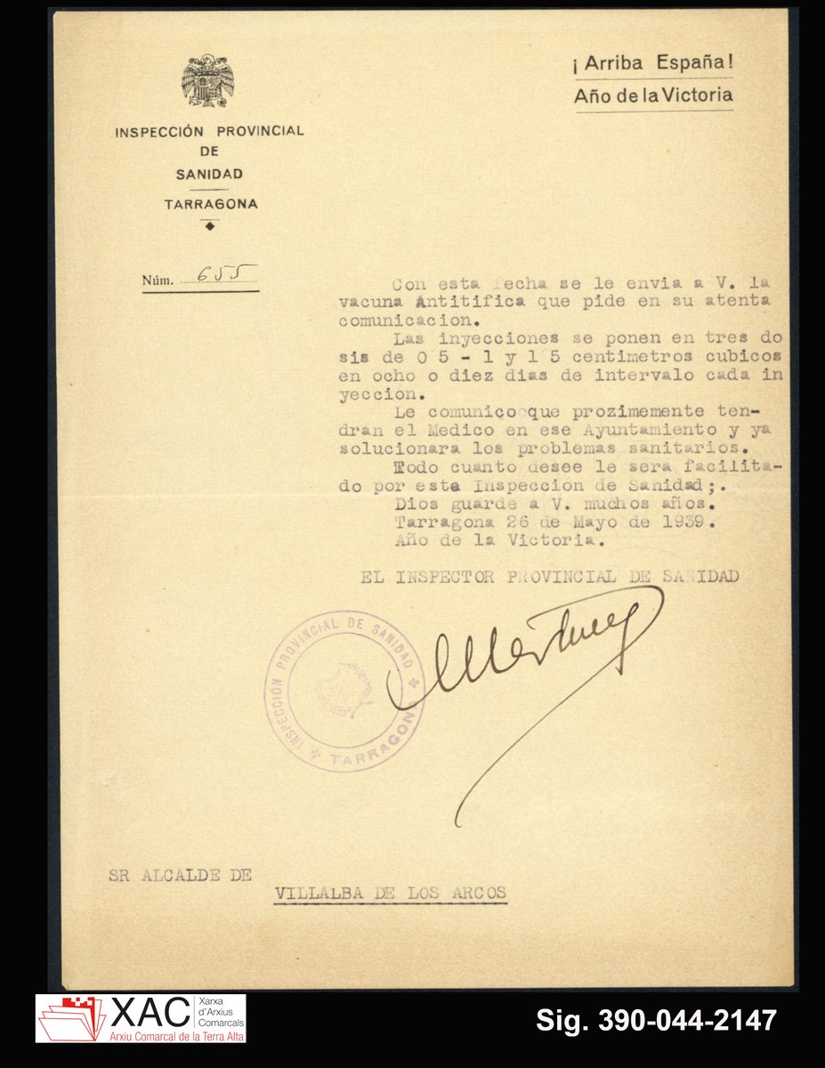#TDCA El 26 de maig de 1939 l’Inspector Provincial de Sanitat enviava a #VilalbadelsArcs les vacunes per prevenir i combatre el tifus entre els veïns del poble, assenyalant que aviat disposarien d'un metge per administrar-les i atendre al veïnat  #xac #arxiu <a href="/patrimonigencat/">Patrimoni</a>