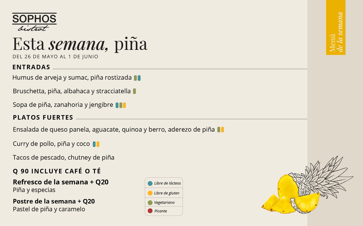 Esta semana, la piña acompaña todo el menú en SOPHOS Bistrot. 🍍 Empezando con el desayuno, pasando por entradas y platos fuertes, y terminando con el postre, hay combinaciones frescas y sabrosas que vale la pena probar. 🍽️✨