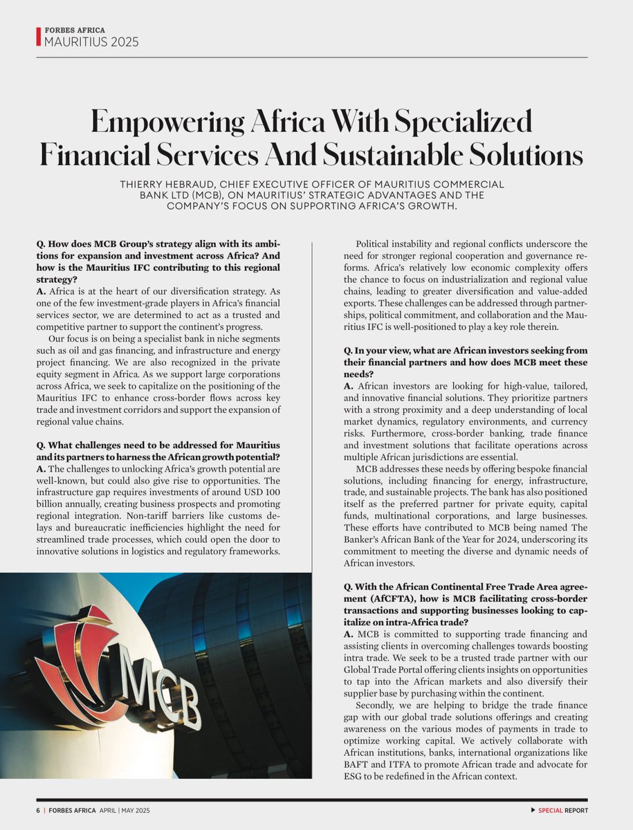 Stewards_IC's tweet photo. “Mauritius’ stable #investment climate unlocks growth across Africa,” says #MCBGroup CEO Thierry Hebraud in Forbes Africa.
Key sectors: #infrastructure, #energy, #privateequity.
Read more: https://t.co/U22R2JcSzr
#ForbesAfrica #MauritiusIFC #InvestInAfrica #SustainableFinance #GatewayToAfrica