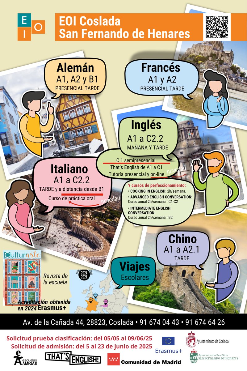 RedJovenCoslada's tweet photo. 📢 Del 5 al 23 de junio se abre el plazo de admisión en la @EOI_san_fer 🌍🗣️
🎓 Aprende idiomas con titulación oficial: inglés, francés, alemán, italiano y chino 💬🌐

🗓️ Solicita tu plaza 👉 https://t.co/eQZyG9oKkO
 
#Idiomas #EOICoslada #RedJovenCoslada https://t.co/OC8Htw6W2n