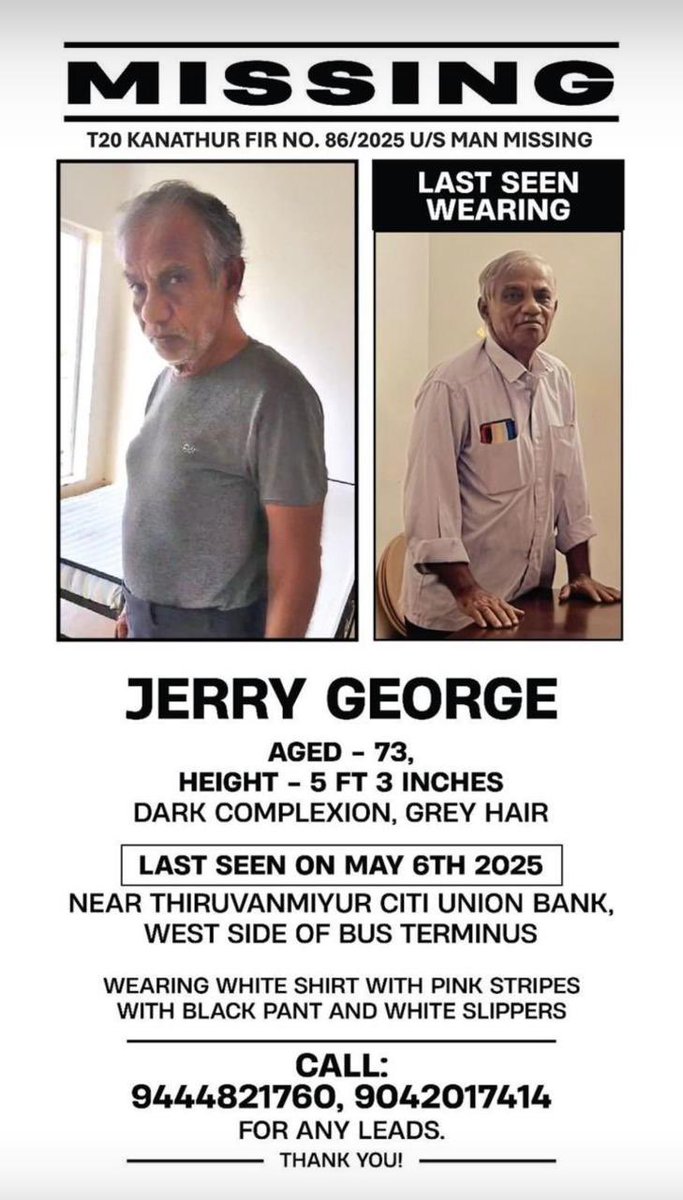 A friends father has been missing in Chennai for over two weeks. He suffers from dementia and has lost his way home. Please RT this for reach, please DM or call one of these listed numbers if any leads. 

#missing #chennai 

<a href="/SriniMaama16/">Mama</a>