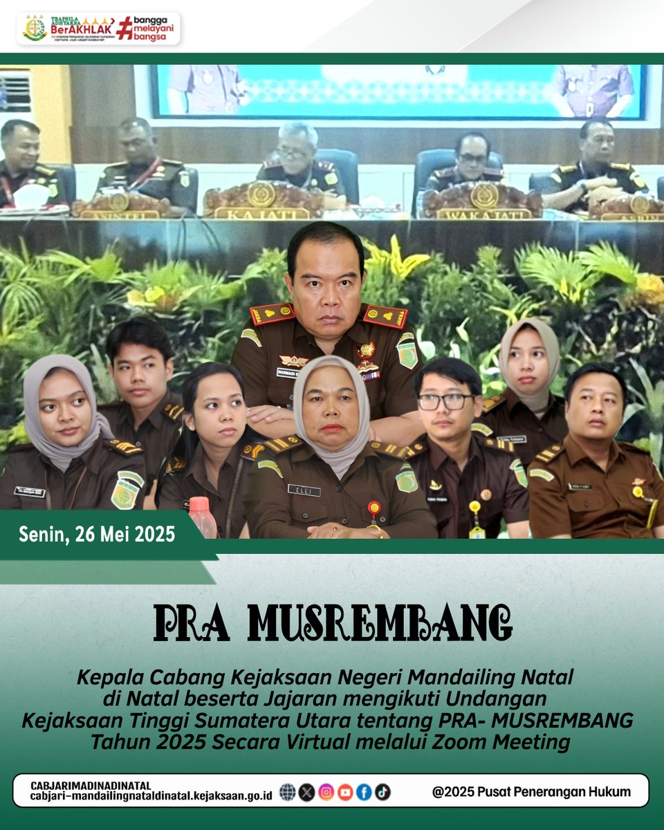 CabjariNatal's tweet photo. Senin 26 Mei 2025 Kepala Cabang Kejaksaan Negeri Mandailing Natal di Natal Bapak Darmadi Edison, S.H., M.H. beserta Jajaran Mengikuti Pra-Musrembang Tahun 2025.

@kejaksaan.ri @kejagung_ri @kejatisumut @kejari.madina #musrembang #kejaksaanagung #kejaksaanri #jaksa #asnkejaksaan https://t.co/HTDAyUDEg3