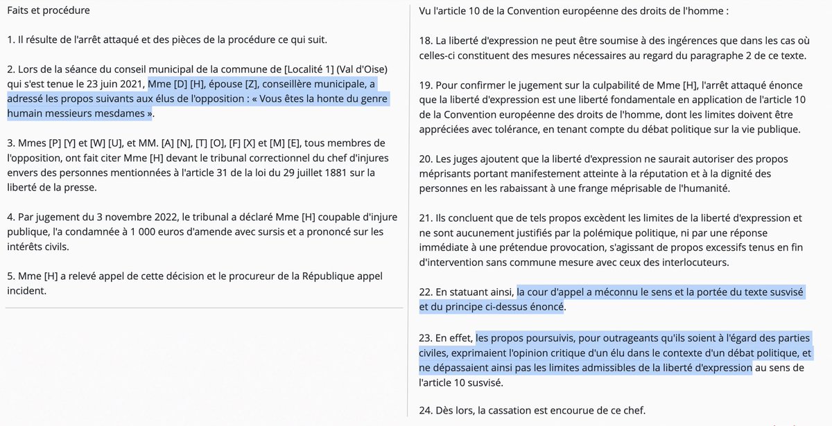 Nicolas Hervieu (@n_hervieu) on Twitter photo Liberté d'expression : La <a href="/Courdecassation/">Cour de cassation</a> annule la condamnation d'une élue locale pour injure.
Elle avait qualifié les élus de l'opposition de « honte du genre humain ».
Or, même outrageants, ces mots relèvent de la liberté d'expression car proférés lors d'un débat politique. Liberté d'expression : La <a href="/Courdecassation/">Cour de cassation</a> annule la condamnation d'une élue locale pour injure.
Elle avait qualifié les élus de l'opposition de « honte du genre humain ».
Or, même outrageants, ces mots relèvent de la liberté d'expression car proférés lors d'un débat politique.