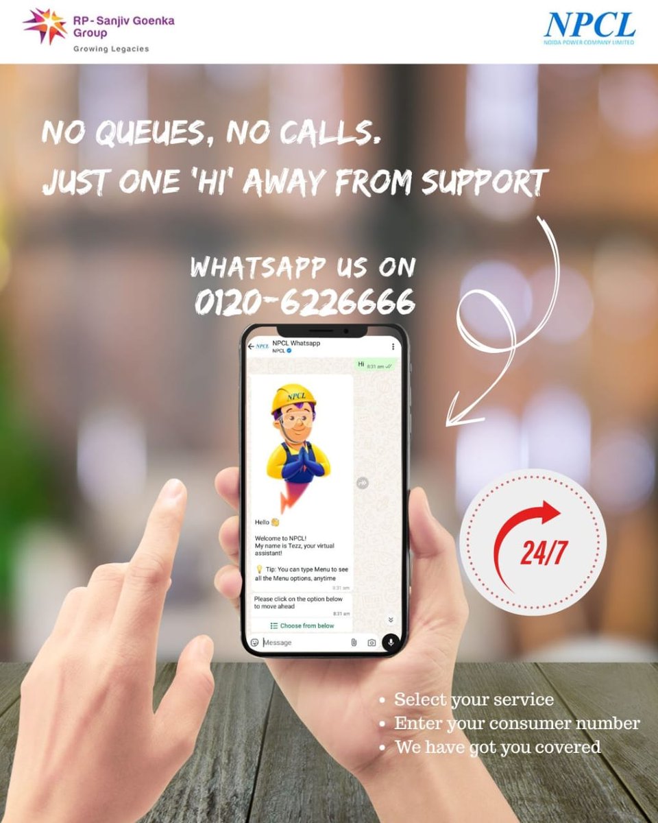 npclgrnoida's tweet photo. We are just a Whatsapp away. For any assistance, ping us a Hi on 0120-6226666.

#NPCL #CRMatNPCL https://t.co/3SNmbqLRMc