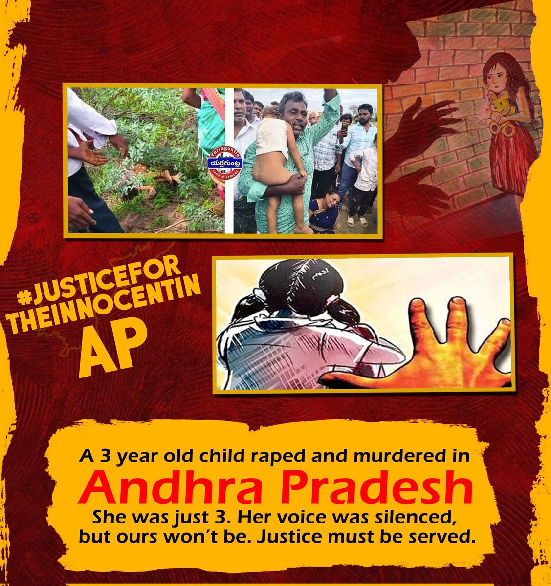 ThanoStarlord's tweet image. 3-yr-old raped &amp;amp; murdered in Kadapa, 3 days with no govt response. Demand justice, fast-track trials.

#JusticeForKadapaChild #SafeAP 
#JusticeForTheInnocentInAP