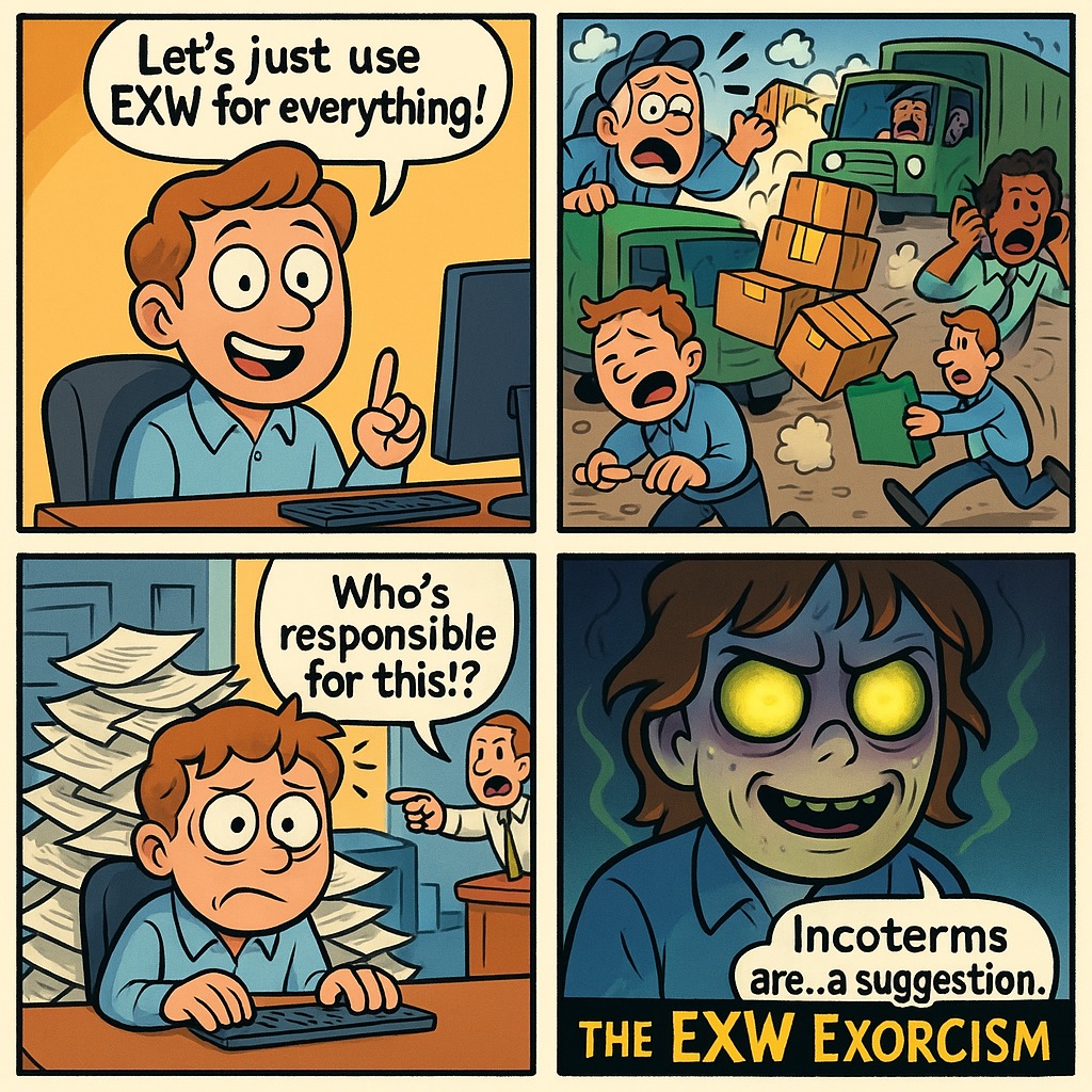 ODeXGlobal's tweet image. 🌀📦 “Let’s just use EXW for everything!” — said the intern, once.

Now half the cargo’s lost, everyone’s screaming, and legal’s summoning demons.

At ODeX, we automate freight docs—not bad decisions.

#MemeMonday #LogisticsLaughs #FreightFails #BlameTheIntern #ODeXKnowsBetter