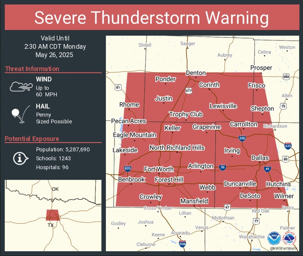 🚨 Severe Thunderstorm Warning for Fort Worth!
The NWS has issued a warning — strong winds, and hail until 2:30 am. ⚠️
Stay indoors, stay safe, and stay weather aware! 🌩️#nws #severethunderstormwarning #memorialdayweekened #staysafe #stayalert