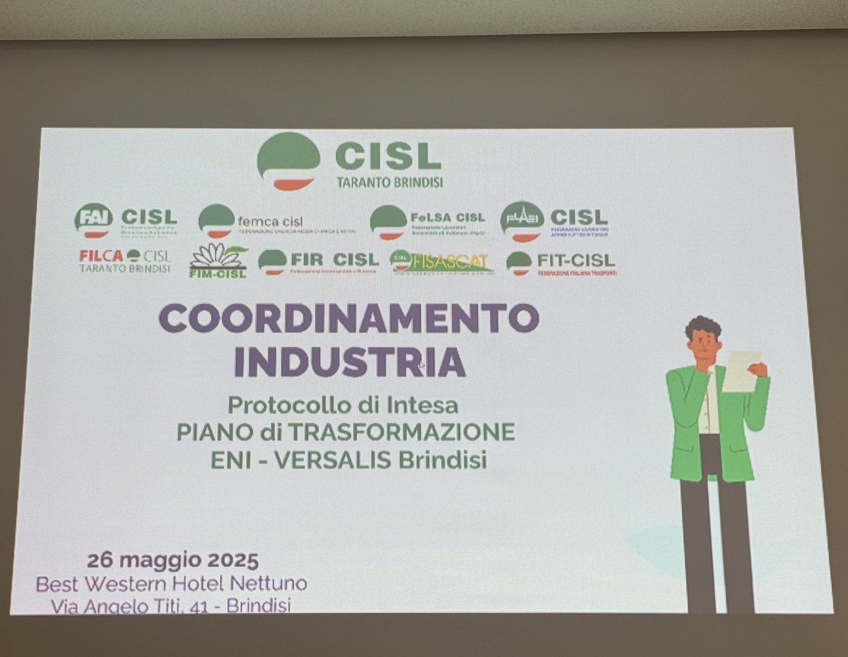 ⚙️COORDINAMENTO INDUSTRIA #CISL #TARANTO #BRINDISI⚙️

📍Best Western Hotel Nettuno, Brindisi;
🗞️Quotidiano di Puglia ~ edizione del 26.05.2025