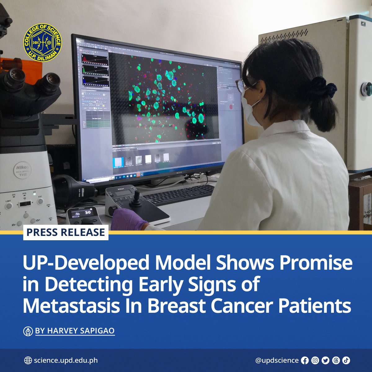UPDscience's tweet image. UP biologists have developed a model that can detect LVI in breast cancer patients even before surgical treatment. This revealed links between LVI and drug resistance, helping explain why breast cancer patients with LVI respond poorly to anticancer drugs.
science.upd.edu.ph/up-developed-m…