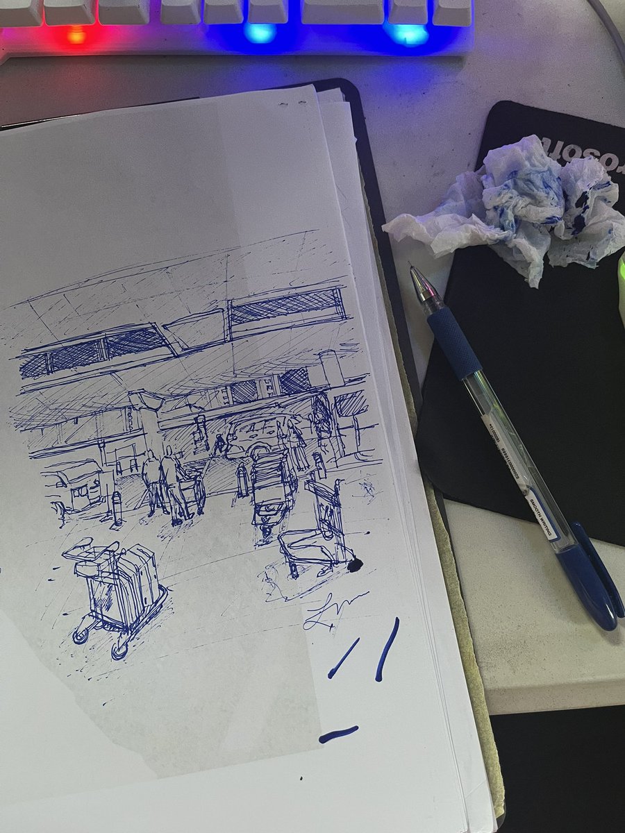 sincerelyblue__'s tweet image. missed urban sketching and was so immersed i didn’t realize then pen was bleeding 😭😭

this shirt is a gift 😭