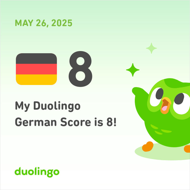Zermarden's tweet photo. My Duolingo German Score is 8! https://t.co/NYD8RpDMaR
