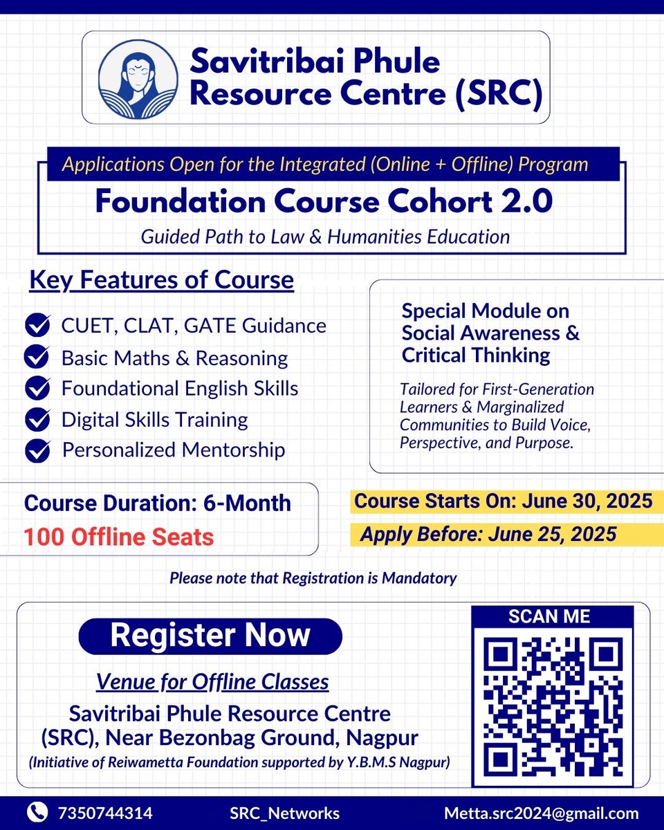 Rahul sonpimple (@sonpimplerahul) on Twitter photo Applications Open
Savitribai Phule Resource Centre (SRC) presents Foundation Course 2.0 A guided path to Law & Humanities education for first-gen learners. Free 6-month course + mentorship
Starts: June 30 |
Register by: June 25.
<a href="/src_networks/">Savitribai Phule Resource Centre</a> Applications Open
Savitribai Phule Resource Centre (SRC) presents Foundation Course 2.0 A guided path to Law & Humanities education for first-gen learners. Free 6-month course + mentorship
Starts: June 30 |
Register by: June 25.
<a href="/src_networks/">Savitribai Phule Resource Centre</a>