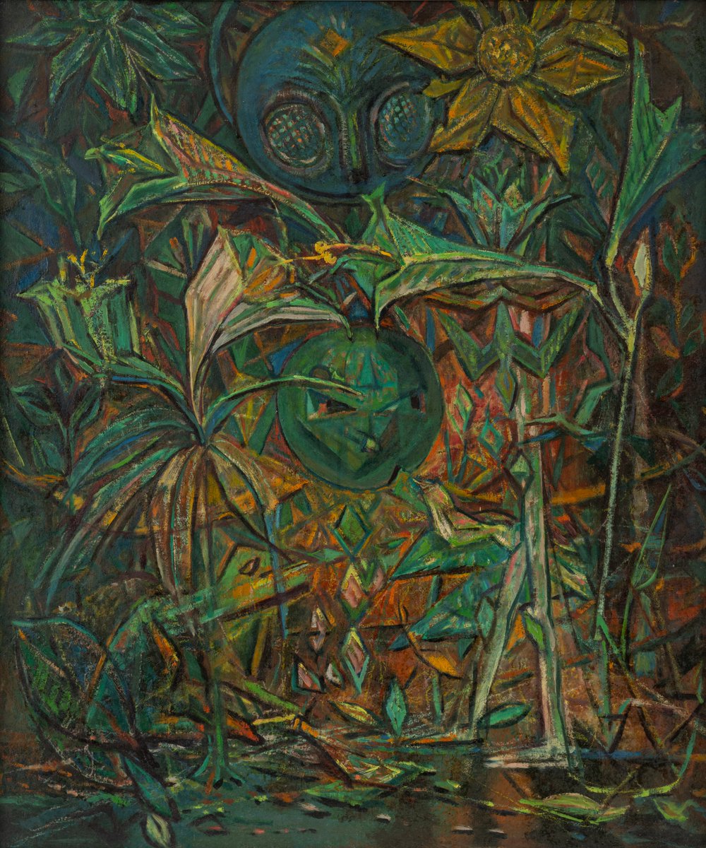 김욱규가 1970년대에 제작한 이 작품들은 식물, 숲 또는 정원 등을 주요 모티프로 하고 있습니다. 낮의 숲을 소재로 한 작품에는 이전 시기에서 찾아볼 수 없는 원초적 생명력이 가득합니다. 만개한 꽃 사이로 새와 나비가 날아다니고 소녀가 춤을 추며, 풍요로움 속에서 인간과 동물, 식물의 구분과