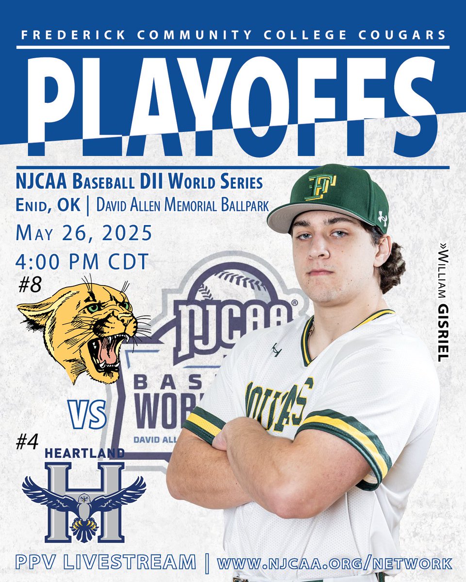 Frederick Community College Cougars (@fcc_cougars) on Twitter photo GAME DAY! โพ๏ธ #FCC_Cougars will play # 4 <a href="/HCC_Hawks/">Heartland Baseball</a> in Game 11 of the 2025 <a href="/NJCAABaseball/">NJCAA Baseball</a> DII World Series. #GoCougars
ย
๐ : #4 Heartland CC
โฐ : 4:00 PM CDT (5:00 PM EST)
๐ : David Allen Memorial Ballpark | Enid, OK
๐ : fccathletics.com/sports/bsb/202โฆ
๐บ : njcaa.org/network GAME DAY! โพ๏ธ #FCC_Cougars will play # 4 <a href="/HCC_Hawks/">Heartland Baseball</a> in Game 11 of the 2025 <a href="/NJCAABaseball/">NJCAA Baseball</a> DII World Series. #GoCougars
ย
๐ : #4 Heartland CC
โฐ : 4:00 PM CDT (5:00 PM EST)
๐ : David Allen Memorial Ballpark | Enid, OK
๐ : fccathletics.com/sports/bsb/202โฆ
๐บ : njcaa.org/network