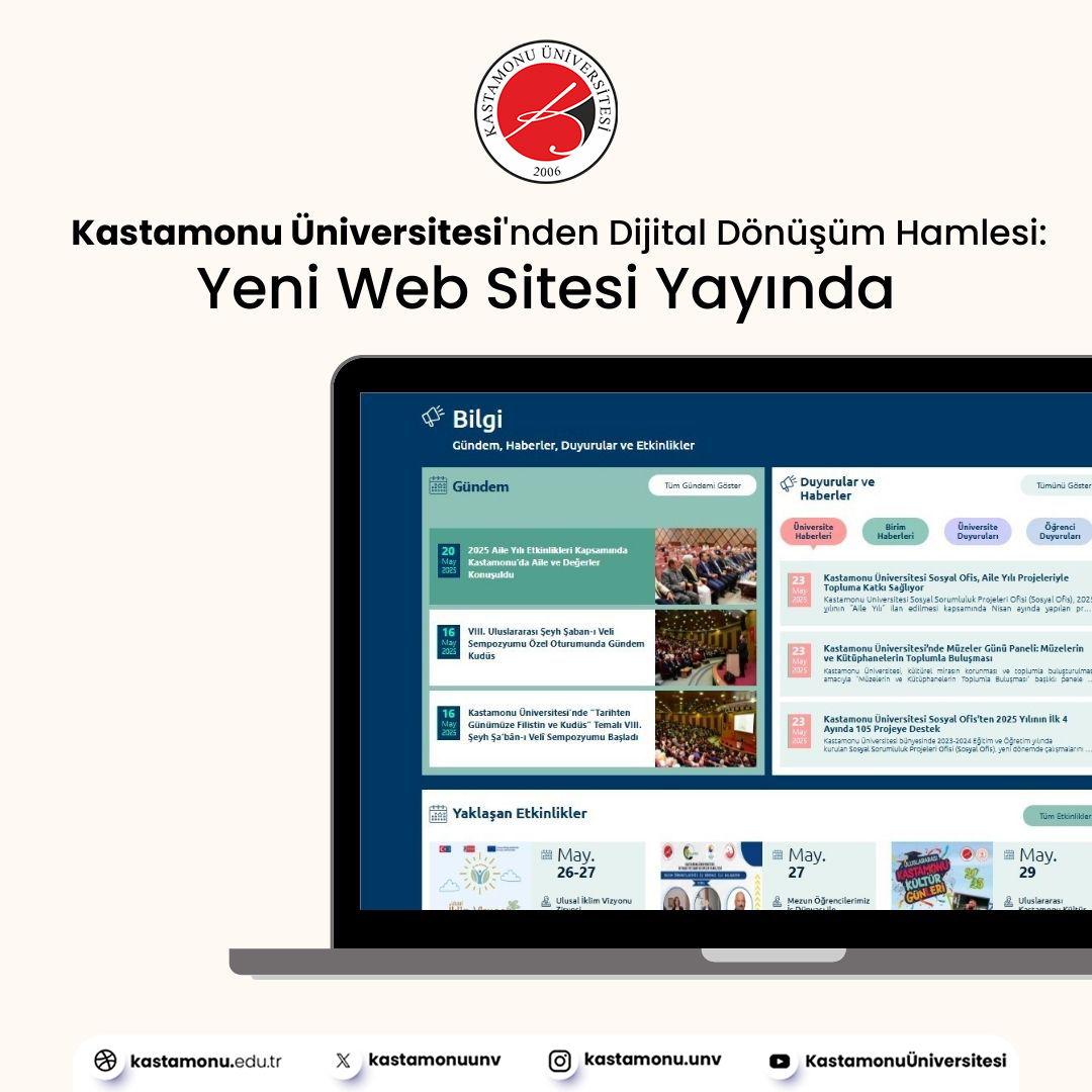Üniversitemiz web sitesi yenilendi! ✨

💻 Yeni arayüz
🧠 Yapay zekâ destekli KÜ-Alim
🌍 Eş zamanlı İngilizce içerikler
🎥 Dinamik introlar &amp; yakında sanal tur
🚀 Daha sade, daha hızlı, daha etkileşimli!

Ayrıntılar ➡️ kastamonu.edu.tr/tr/haberler/ka…

#KastamonuÜniversitesi
