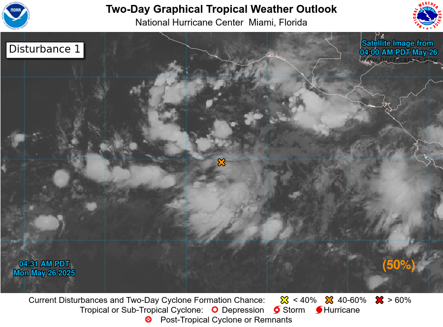 5/26 5am PDT: Showers and thunderstorms have become more concentrated near a broad area of low pressure well offshore southern Mexico, and a tropical cyclone is expected to form by mid-week as it moves west-northwestward around 10 mph

Latest outlook: nhc.noaa.gov/gtwo.php?basin…