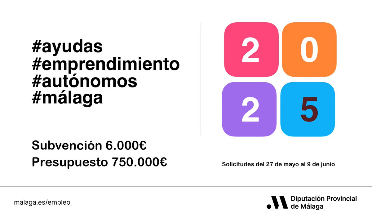 📈La <a href="/diputacionMLG/">Diputación de Málaga</a> dedica 750.000 euros para apoyo del #emprendimiento y consolidación del #empleo #autónomo.

📌Desde mañana y hasta el 9 de junio está abierto el plazo para la presentación de solicitudes.

🔗lc.cx/Ya7Gz9