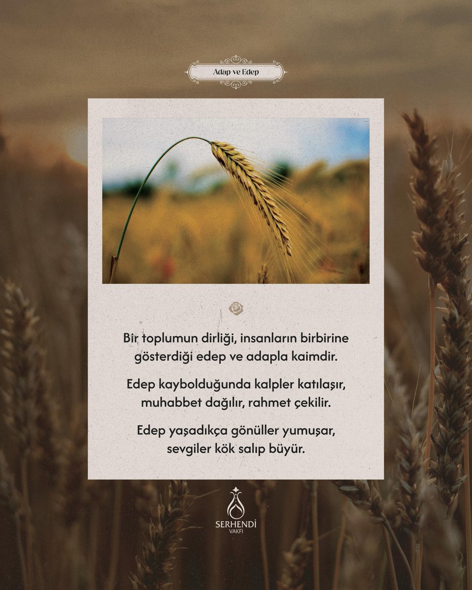 Bir toplumun dirliği, insanların birbirine gösterdiği edep ve adapla kaimdir.
 
Edep kaybolduğunda kalpler katılaşır, muhabbet dağılır, rahmet çekilir.
 
Edep yaşadıkça gönüller yumuşar, sevgiler kök salıp büyür.

#SerhendiVakfı
