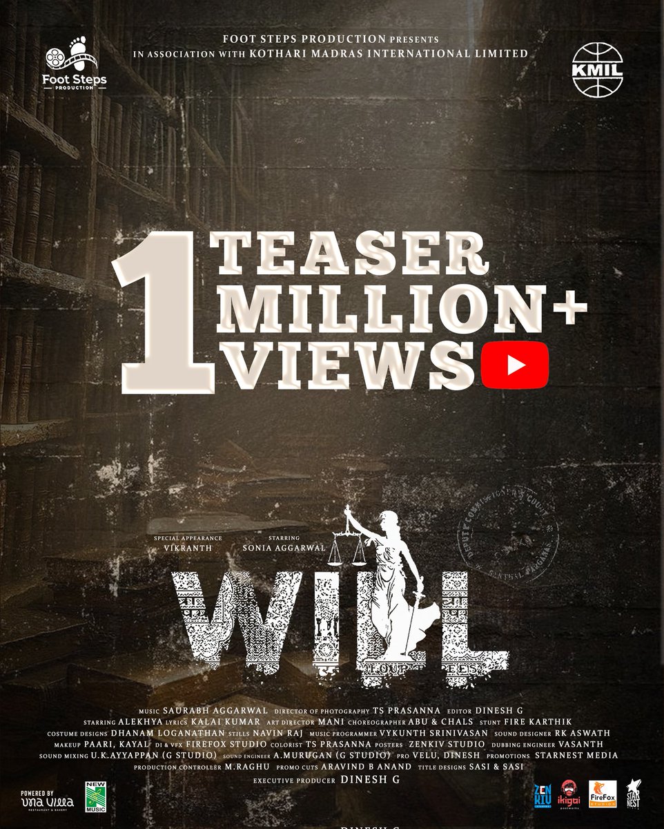 The Teaser of #WILL has Crossed a Major milestone 1 MILLION+ VIEWS! Thank you for the love and support ! 

▶️youtu.be/EyP3xI3JaW8?si…

<a href="/soniya_agg/">Sonia aggarwal</a> <a href="/vikranth_offl/">Vikranth Santhosh</a> <a href="/footsteps__off/">Foot steps production</a> <a href="/dir_sivaraman24/">S.Sivaraman</a> <a href="/kotharimadras/">Kothari Madras International Limited</a> <a href="/editor_dineshg7/">Editor Dinesh G</a> <a href="/saurabhaggarwal/">Saurabh aggarwal</a> #Starnestmedia <a href="/Pro_Velu/">Velu</a> #Willteaser