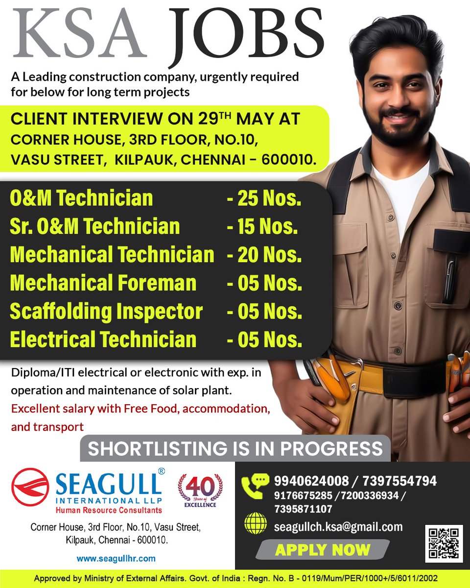hrd1_seagull's tweet photo. 🇸🇦KSA Job
Client Interview 29th May
📍Location - Chennai
.

.

.
#ksajobs #oandmtechnician #sroandmtechnician #longtermprojects https://t.co/KKEuBtsR72