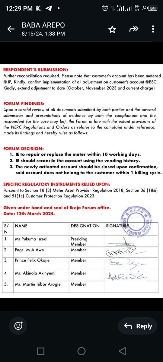 EstateParkview's tweet photo. Impunity of D Highest Order. D @NERCNG Ikeja Forum Ordered @ieServe @IkejaElectric 2 replace a damaged meter within 10 days on 12th of March 2024 but d Disco refused till now. D residence was just disconnected now. Even the requested vending history was not used 2 calculate d bil https://t.co/LOsx6ul9v2