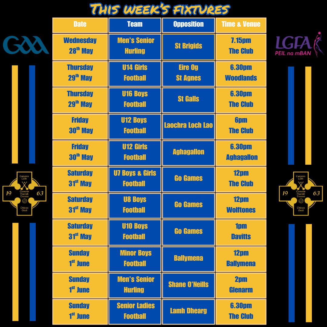 Fixtures w/c 26th May!