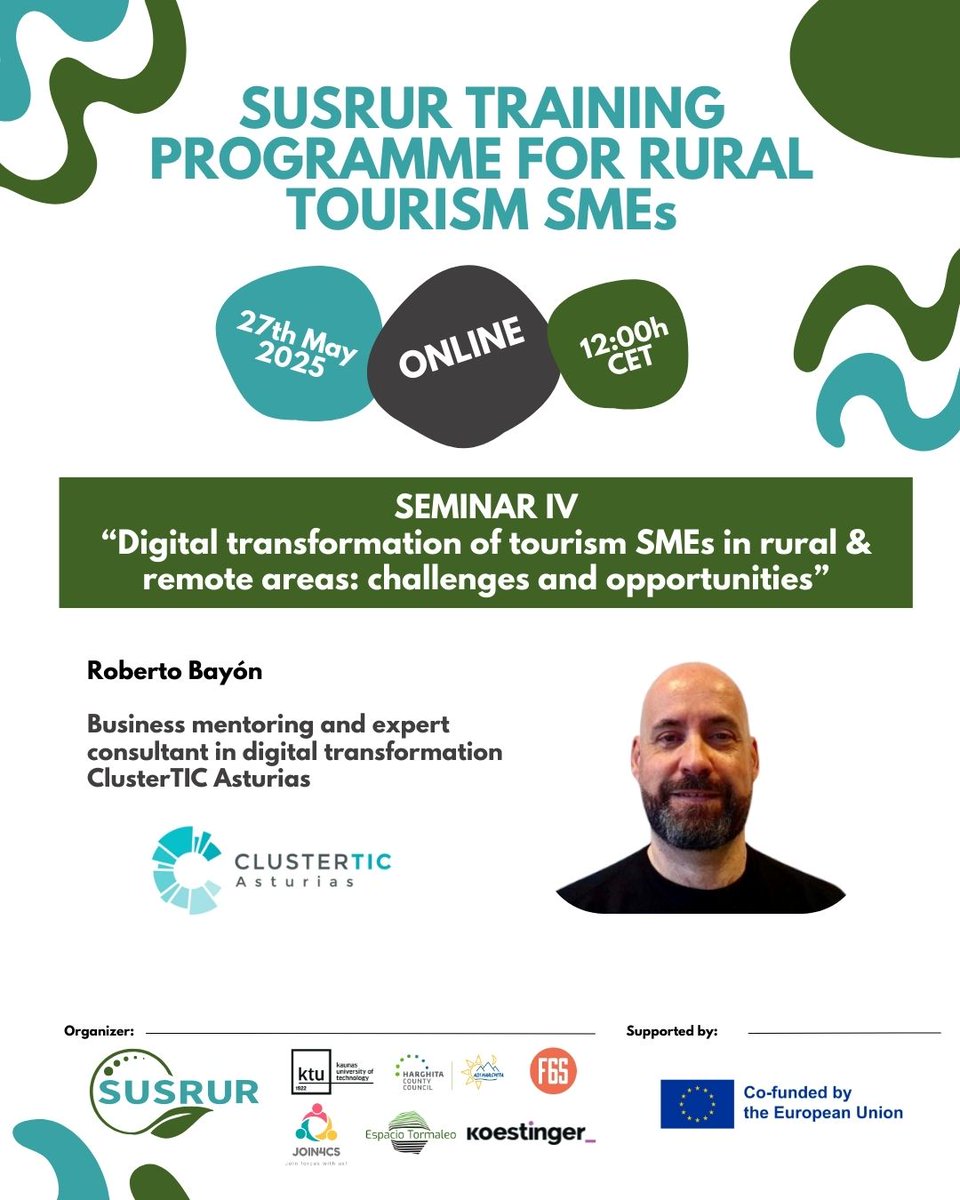 susrurproject's tweet photo. 🌱 Seminar IV: Digital transformation of tourism SMEs in rural &amp; remote areas: challenges and opportunities
📅 27 May |🕛 12:00 CET | 💻Online

#sustainabletourism #ruraltourism #EISMEA https://t.co/evbZkxT01v