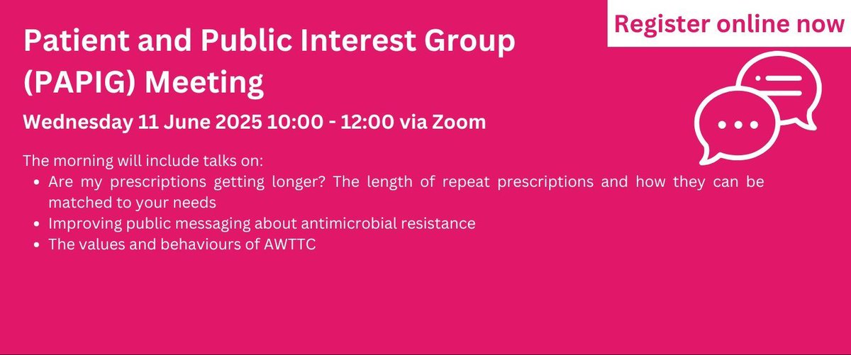 The next Patient and Public Interest Group (PAPIG) meeting of the All Wales Therapeutics and Toxicology Centre will be on Zoom on 11/06/25 from 10:00 to 12:00. Topics: prescriptions, antimicrobial resistance, and AWTTC values.
awttc@wales.nhs.uk
#PAPIG #HealthCareCymru #NHSWales