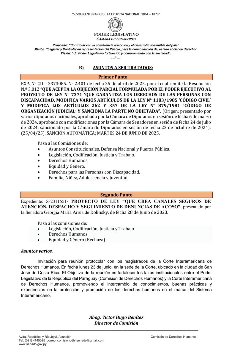 Comisión de Derechos Humanos Cámara de SenadoresPy (@ddhhsenadopy) on Twitter photo #Hoy Lunes 26/5/25
🕤 10:00 Hs.
📖 Sesión Extraordinaria de la Comision de Derechos Humanos
📍Sala de reuniones de la Comisión Bicameral de Presupuesto.
👉Se estudiará el siguiente orden del día👇 💻 <a href="/DDHHSenadoPy/">Comisión de Derechos Humanos Cámara de SenadoresPy</a> #Hoy Lunes 26/5/25
🕤 10:00 Hs.
📖 Sesión Extraordinaria de la Comision de Derechos Humanos
📍Sala de reuniones de la Comisión Bicameral de Presupuesto.
👉Se estudiará el siguiente orden del día👇 💻 <a href="/DDHHSenadoPy/">Comisión de Derechos Humanos Cámara de SenadoresPy</a>