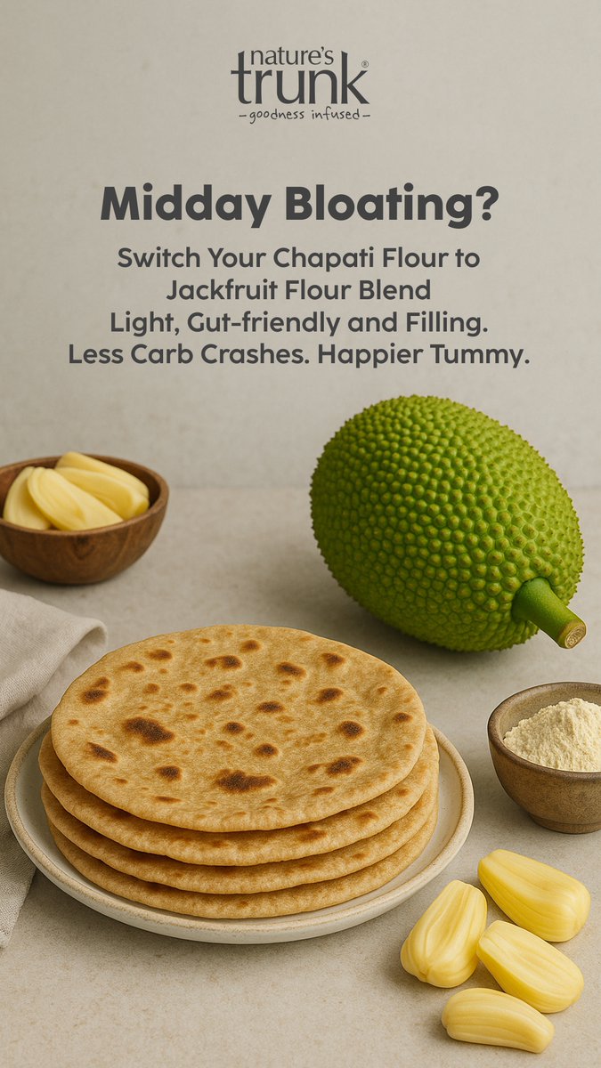 Natures_Trunk's tweet image. Say Goodbye to Midday Bloat! 🌟
Switch your chapati game to Jackfruit Flour for a lighter, gut-friendly meal.
More fiber. Fewer carb crashes.
Stay full, stay happy!
 #JackfruitFlour #BloatFree #MiddayHacks #Naturestrunk #healthandwellness #bloating #guthealth #HealthTips