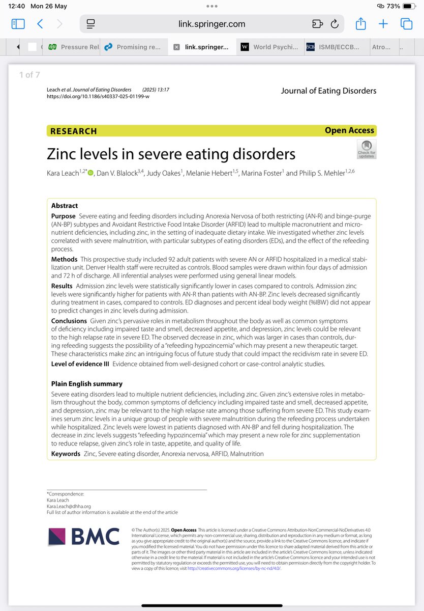 We have always included Zinc supplementation (among others) for initial refeeding in anorexia - based on decades of research. 
Just wondering how many other NHS services do this? 
This is a recent paper from a leading medical service in the US addressing the issue.