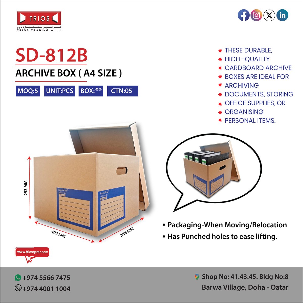 StationeryTrios's tweet image. 📦 Keep Your Documents Safe &amp;amp; Organized with Trios Stationery! 🗂️
Our Archive Box A4 is your go-to storage essential in Qatar! 🇶🇦✨
#TriosStationery #ArchiveBox #OfficeSuppliesQatar #QatarStationery #A4Box #FileStorage #OrganizeWithTrios #StationeryQatar #DocumentStorage