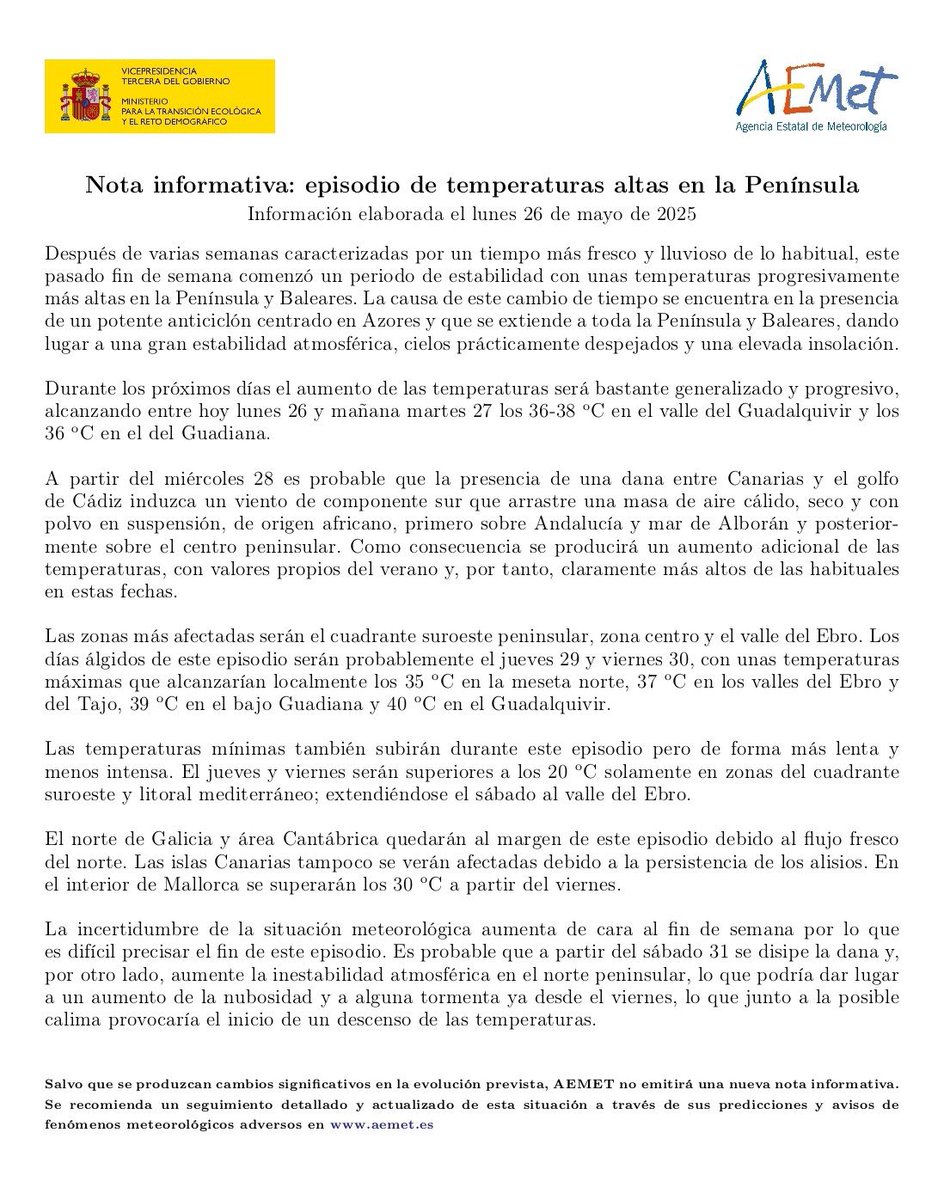 Nota Informativa de #AEMET por episodio de temperaturas altas en la Península Ibérica a partir de hoy. #Calor #FMA