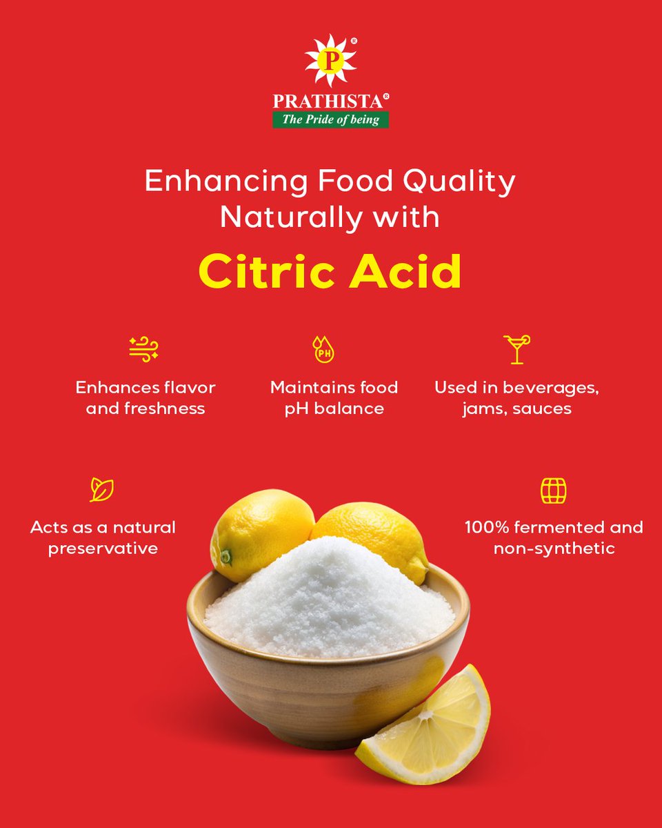 Prathista_PIL's tweet image. Prathista’s Citric Acid is a non-GMO, fermented food additive ideal for acidity control, shelf life, and flavor in processed foods, beverages, and sauces. A clean-label choice for manufacturers.

#CitricAcid #CleanLabelIngredients #FoodGradeCitricAcid #prathistaindustrieslimited