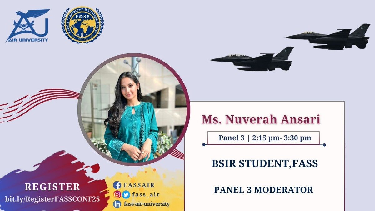fass_air's tweet photo. 🌟Excited for our Young Voices Panel moderated by Nuverah Ansari! Emerging scholars will explore regional security and crisis policy.
🗓 Time: 1415-1530 
🔗 Register now: https://t.co/XKrZ38pkFR
#FASSCONF25 
@nuverah_a @Rahatarshadkhan @AnasYamin_  @Alina_Afzal_7 https://t.co/pDXl7umFlH