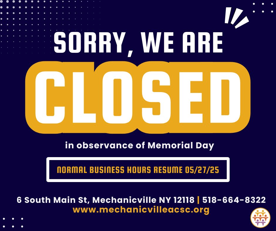 MACSCCommunity's tweet photo. 📢 Notice: MACSC will be closed on Monday, May 26, in observance of Memorial Day.  We will resume normal business hours on Tuesday, January 27.

Thank you for your understanding as remember and honor those who served!
 #MemorialDay #RememberAndHonor #MACSCupdates https://t.co/TqkyS0R2XJ