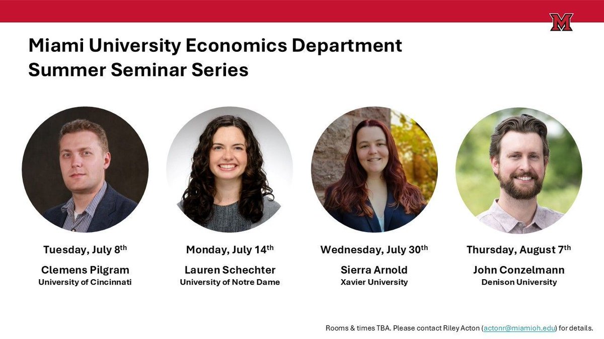 Miami Economics (@miami_econ) on Twitter photo We have a great group lined up to come in for our Summer Seminar Series! We have a great group lined up to come in for our Summer Seminar Series!