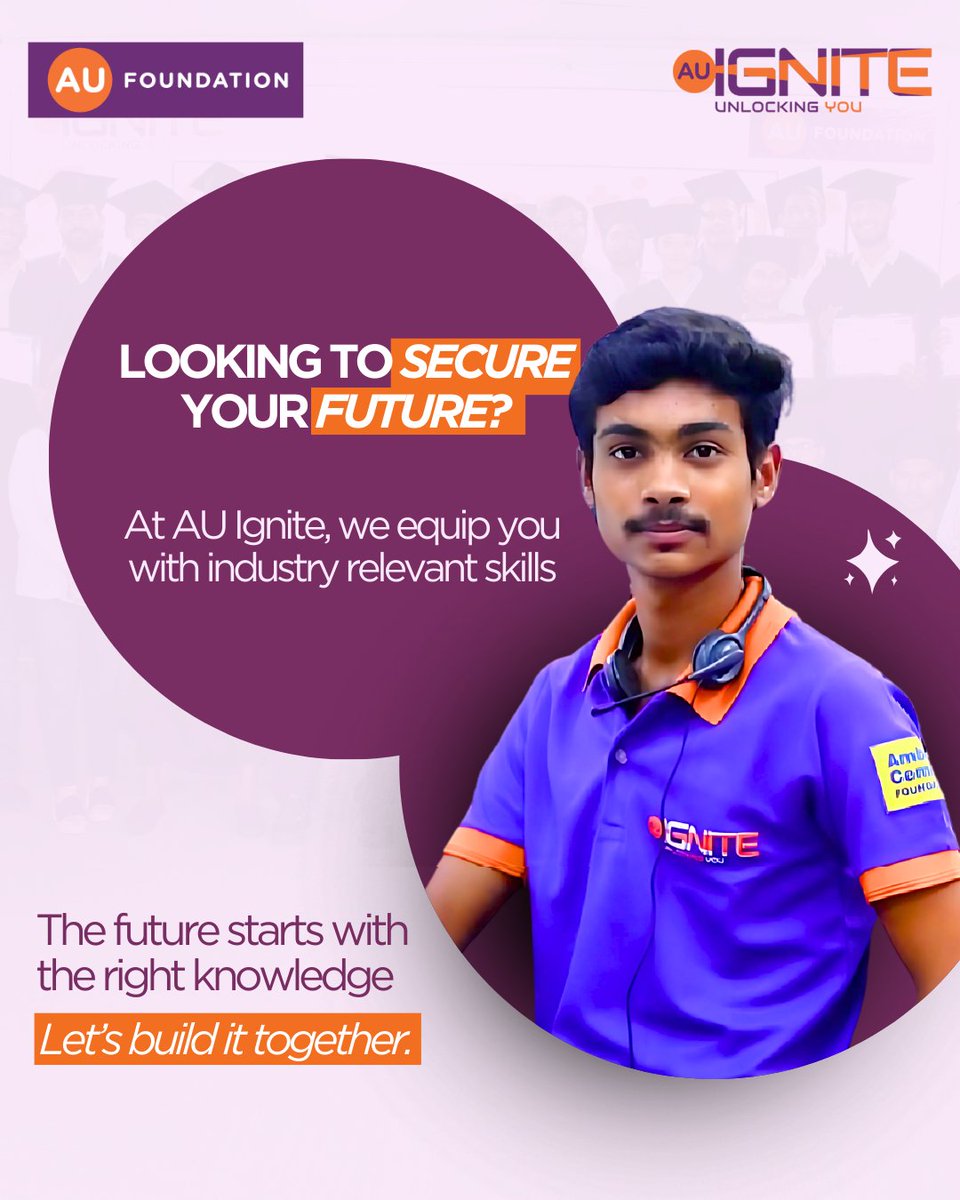 AUFoundation_'s tweet photo. Your future is built on the skills you develop today.
At AU Ignite, we provide the training that sets you up for success. Ready to secure your tomorrow?
#AUIgnite #SkillToSuccess #JobReady #CareerGrowth #EmploymentOpportunities #AUSmallFinanceBank #AUFoundation #JobPlacement https://t.co/d9iSkfG2xc